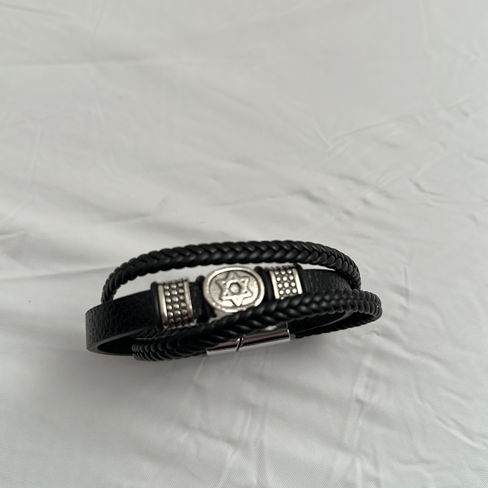 Silver Star of David black PU leather multi strand bracelet